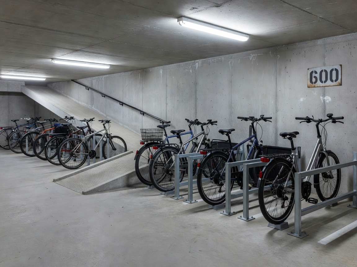 Apartment basement bicycle parking with cargo bike bays and ramp access