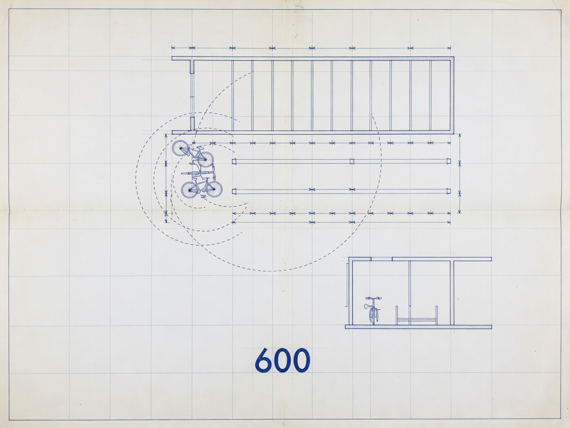 Architectural blueprint of bicycle parking turning radius and corridor dimensions