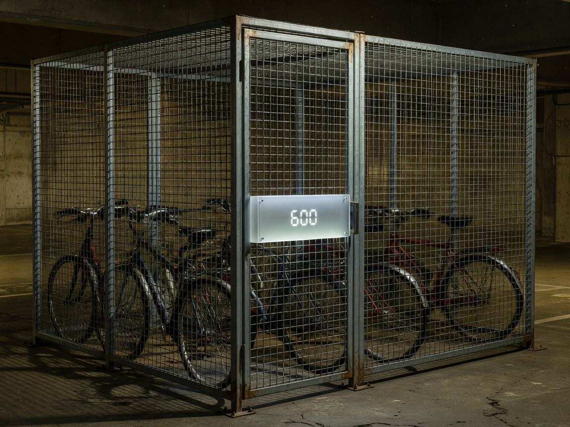 Heavy steel mesh bicycle cage enclosure with illuminated access panel