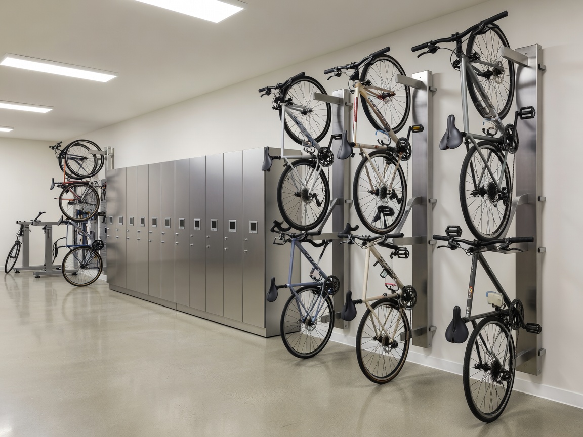 Indoor office cycle hub with locker access and vertical wall racks