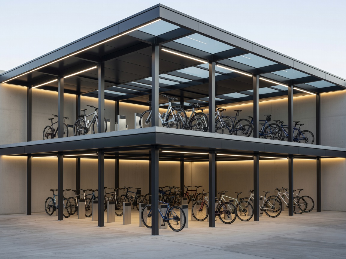 Modern covered two-tier bicycle parking facility with architectural lighting